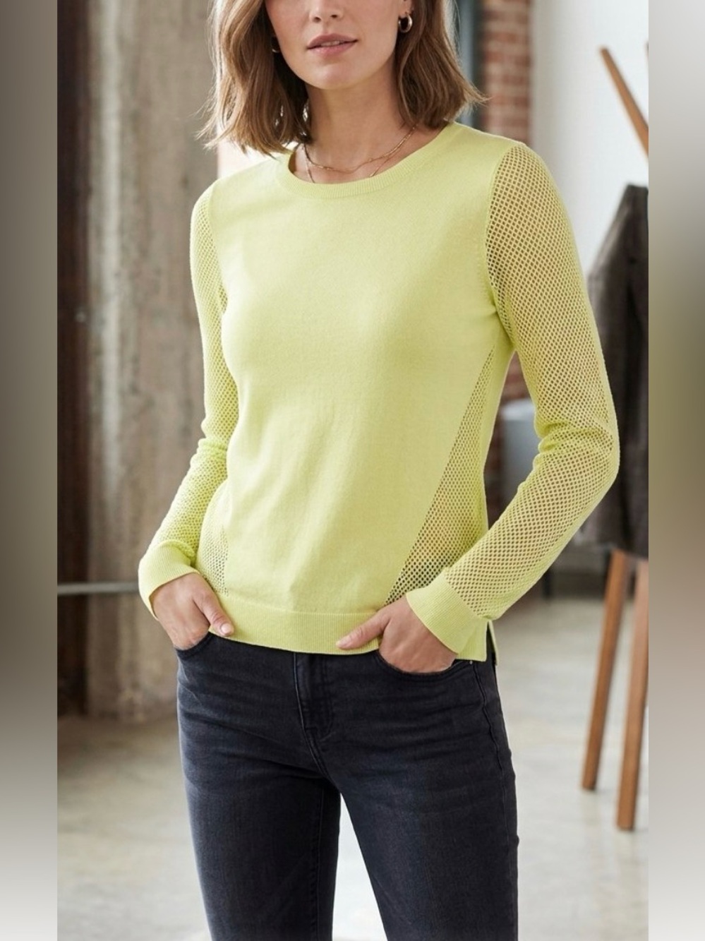 CAbi Lemon Lime Split Back Mesh Sweaters